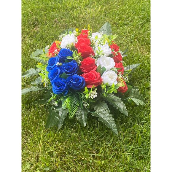 Patriotic Red White Blue Rose Flag Memorial Floral Arrangement Grave Decor - Picture 3 of 6